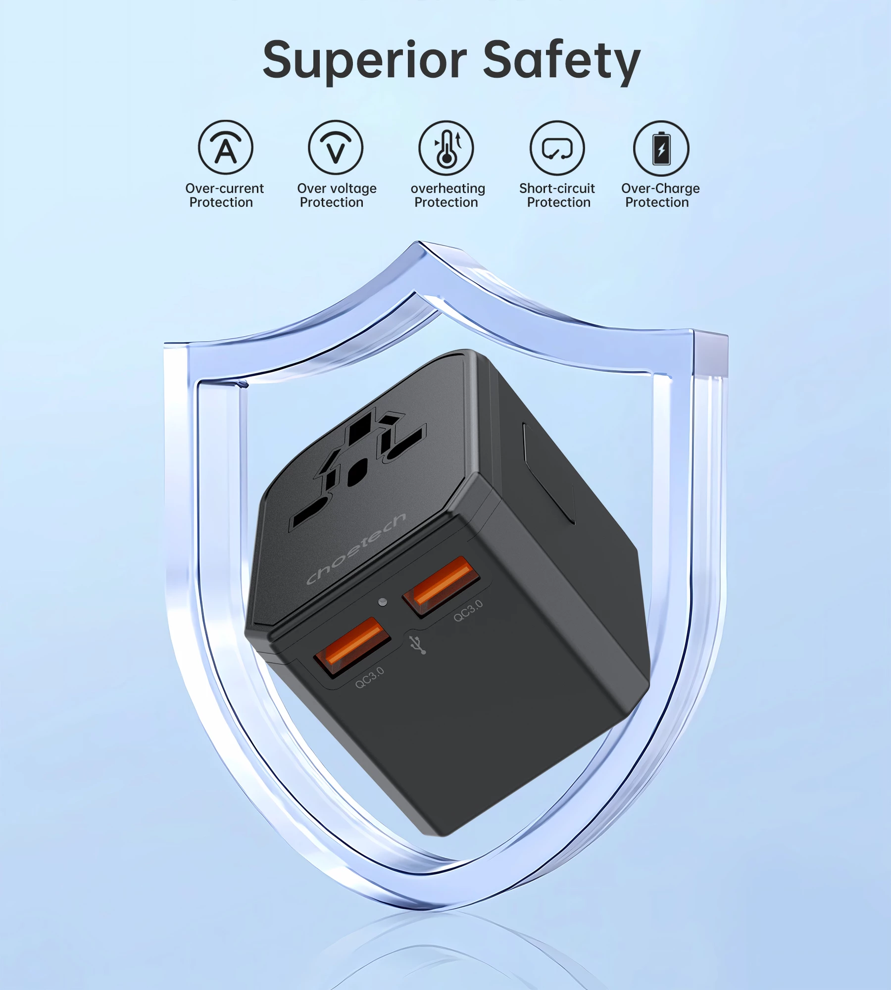 Karikues udhëtimi Choetech PD6041, 30W, 3 porta USB-C/USB-A, 4 priza ndërkombëtare, Zi