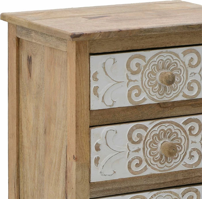 Komodinë e gdhendur prej druri, Inart, 3-50-245-0017, ngjyrë natyrale-bardhë, 49x35x61cm