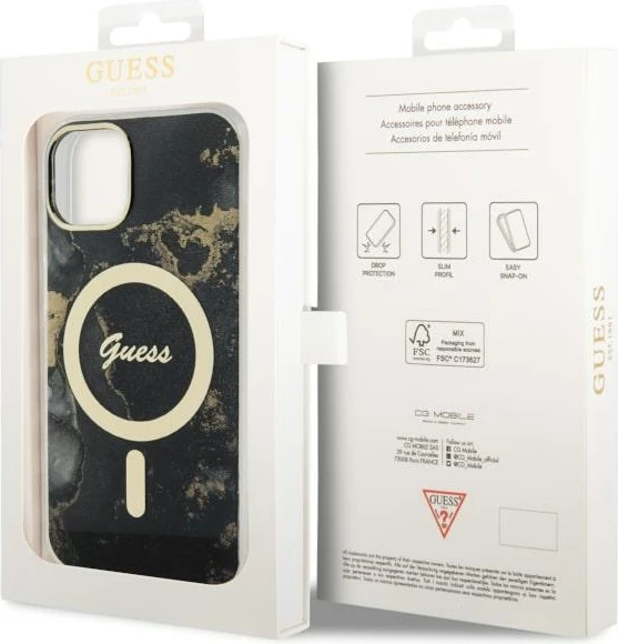Mbështjellës Guess Golden Marble për iPhone 14 Plus 6.7", MagSafe, zi