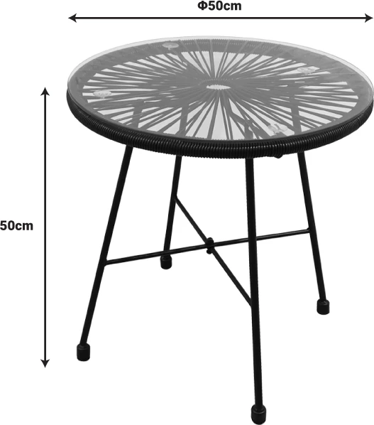 Tavolinë me karrige Acapulco II set prej 3 copash, metal i bardhë, ratan natyral, xham D50X50cm