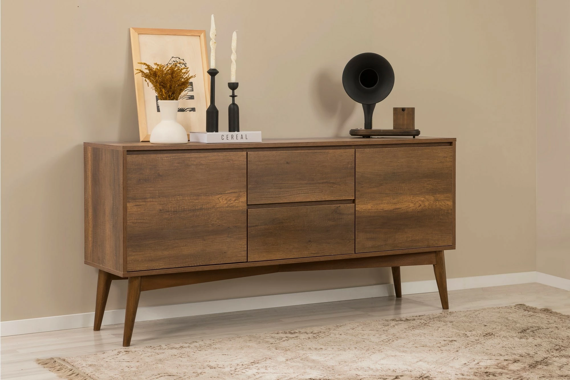 Set tavolinë me karrige dhe konsol, zgjatues, 7 pjesë, Skye Decor, Vina 03 0701, ngjyrë arre, gri