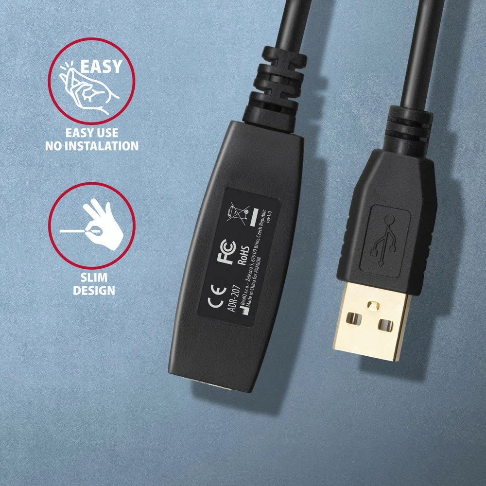 Kabllo zgjatuese aktive USB 2.0 AXAGON ADR-207, 7.5m, e zezë