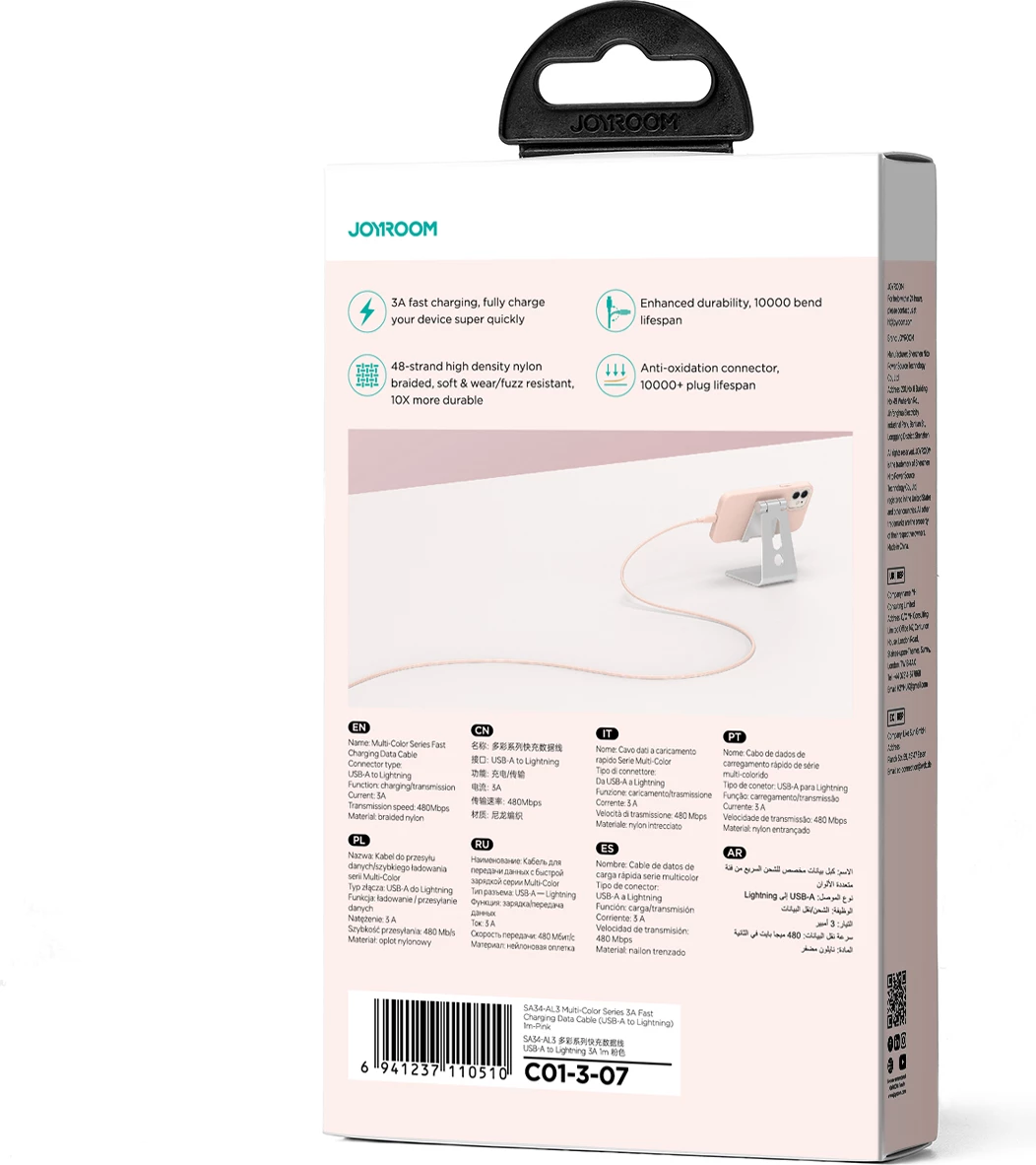 Kabllo Joyroom Multi-Color Series S-A34, USB-A në Lightning, 1m, 3A, Rozë