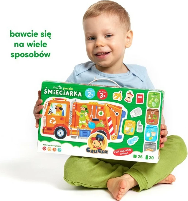Puzzle edukativ CzuCzu Moto Garbage Truck, 26 pjesë, për fëmijë, portokalli
