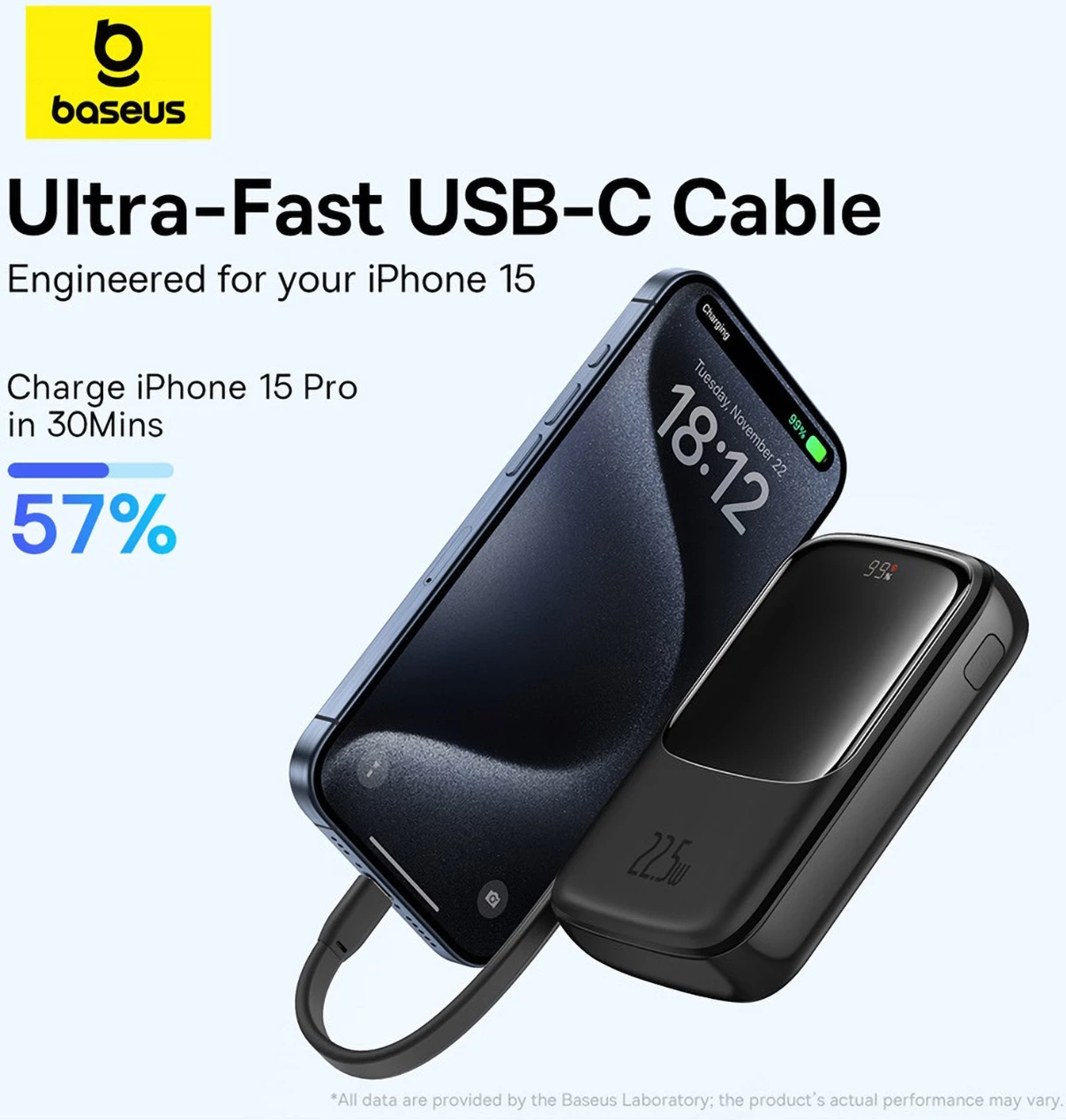 Powerbank Baseus QPow Pro+ 10000mAh, 22.5W, me kabllo USB-C të integruar dhe ekran, e zezë