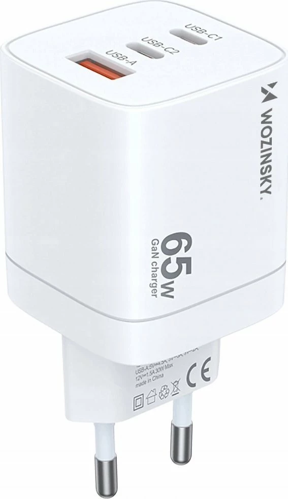 Karikues rrjeti Wozinsky CGWCW 65W GaN, 2x USB-C + 1x USB-A, Quick Charge, i bardhë