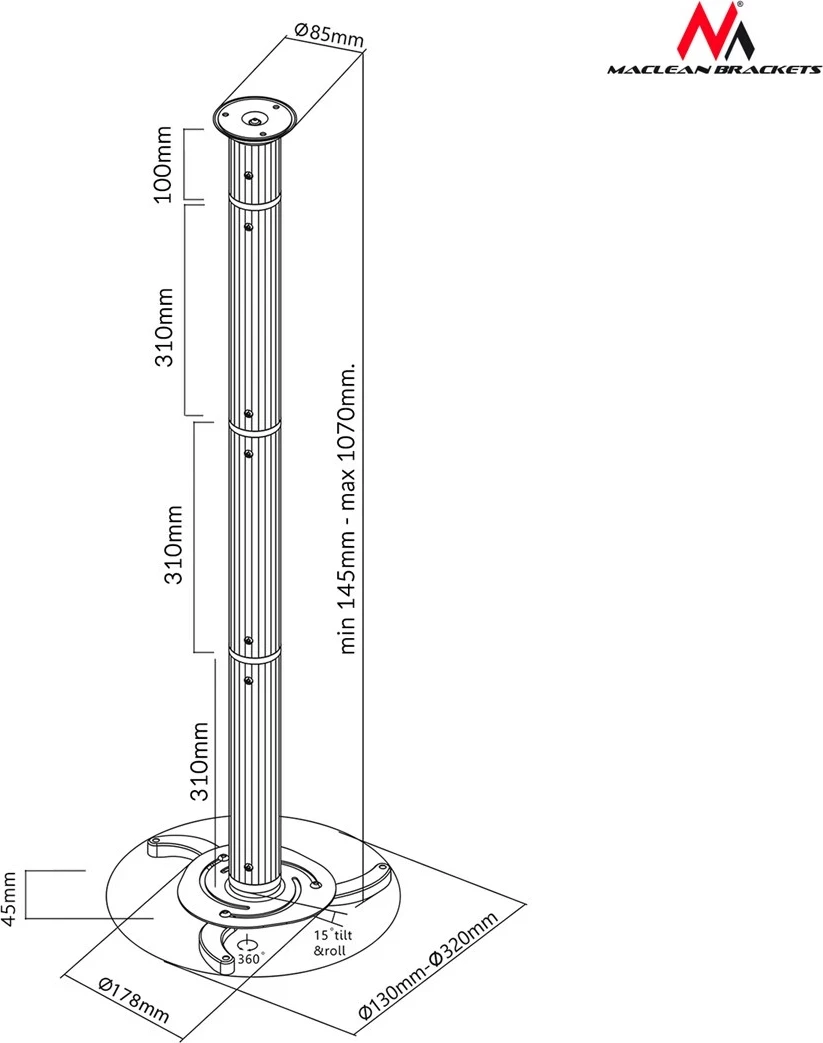 Mbajtës tavani për projektor Maclean MC-517, argjendtë