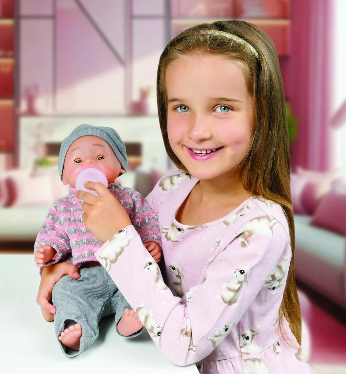 Kukull interaktive Natalia, Artyk 170645, 43 cm, me funksion urinimi, me aksesorë, rozë/gri