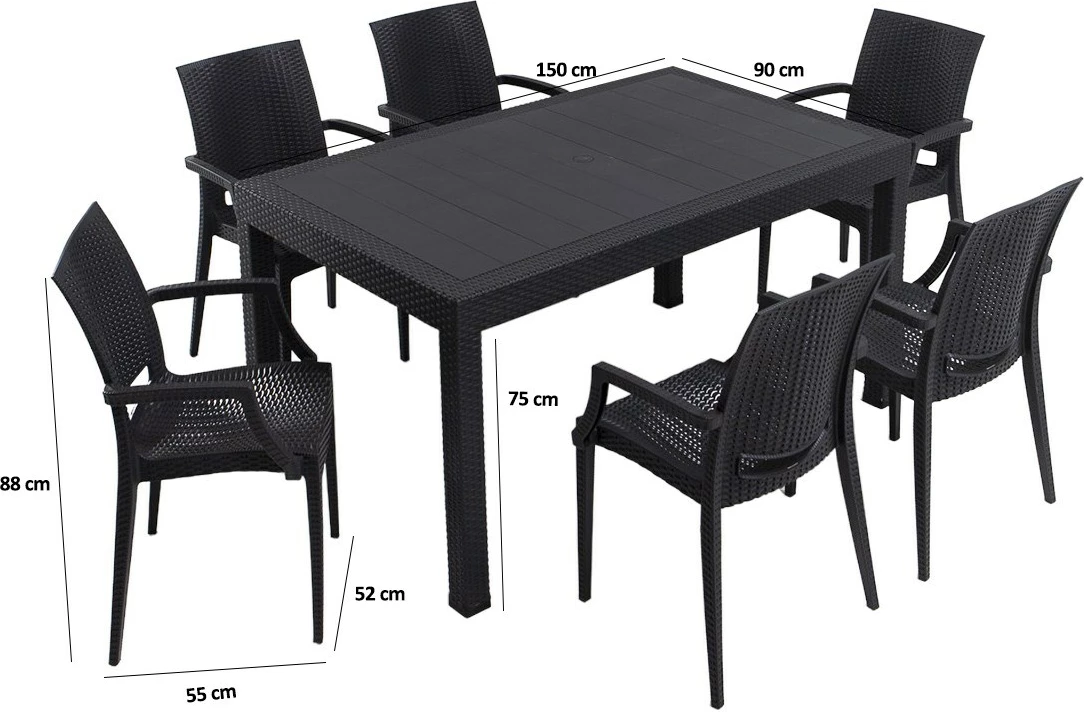 Tavolinë me karrige për terasë, 7 copë, ngjyrë antracit, Hanah Home, 90x150 cm