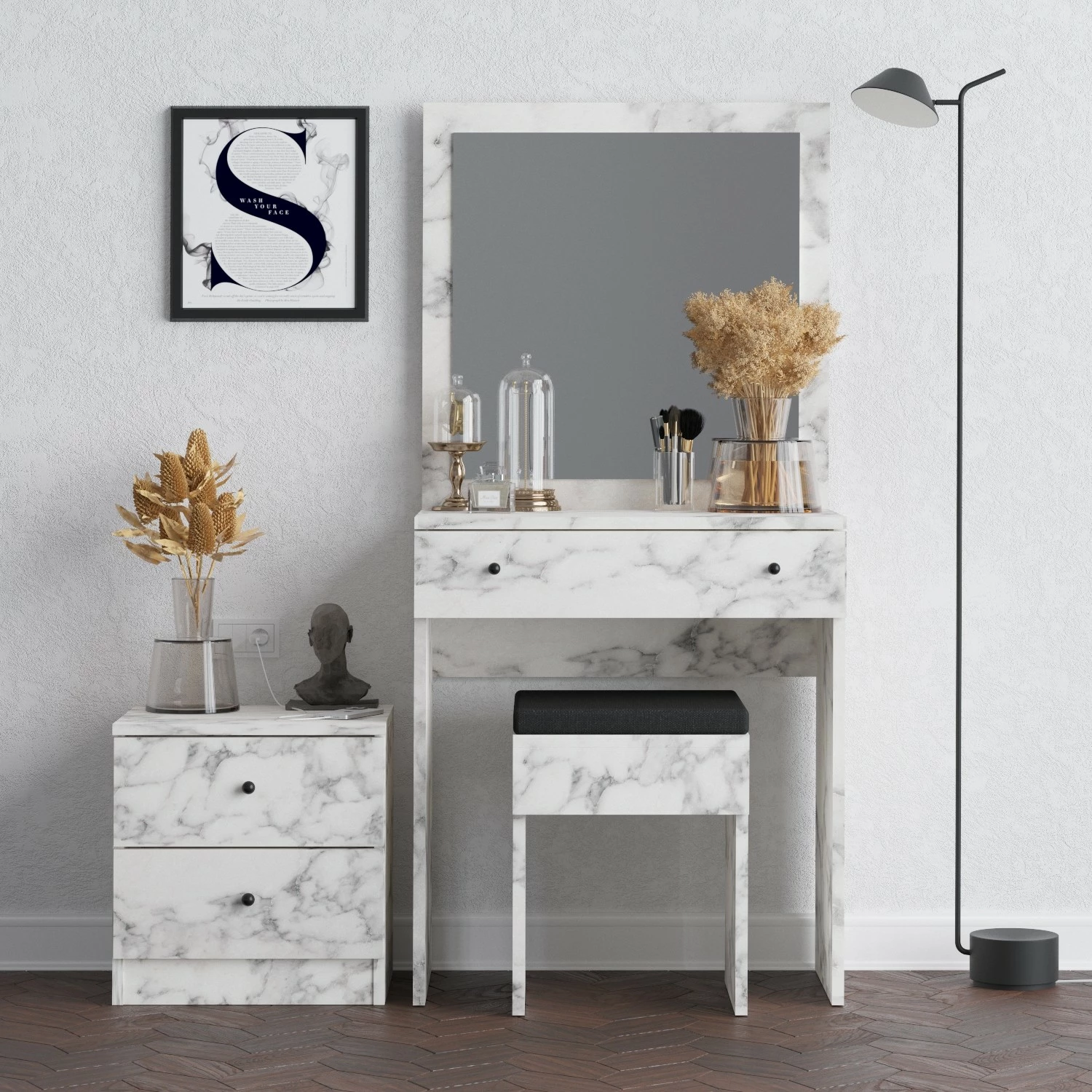 Tavolinë grimi me komodinë e karrige, ngjyrë Carrara Marble, Hanah Home, Nice
