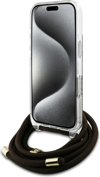 Mbështjellës Guess Crossbody Cord 4G Print për iPhone 16 Pro Max, Kafe