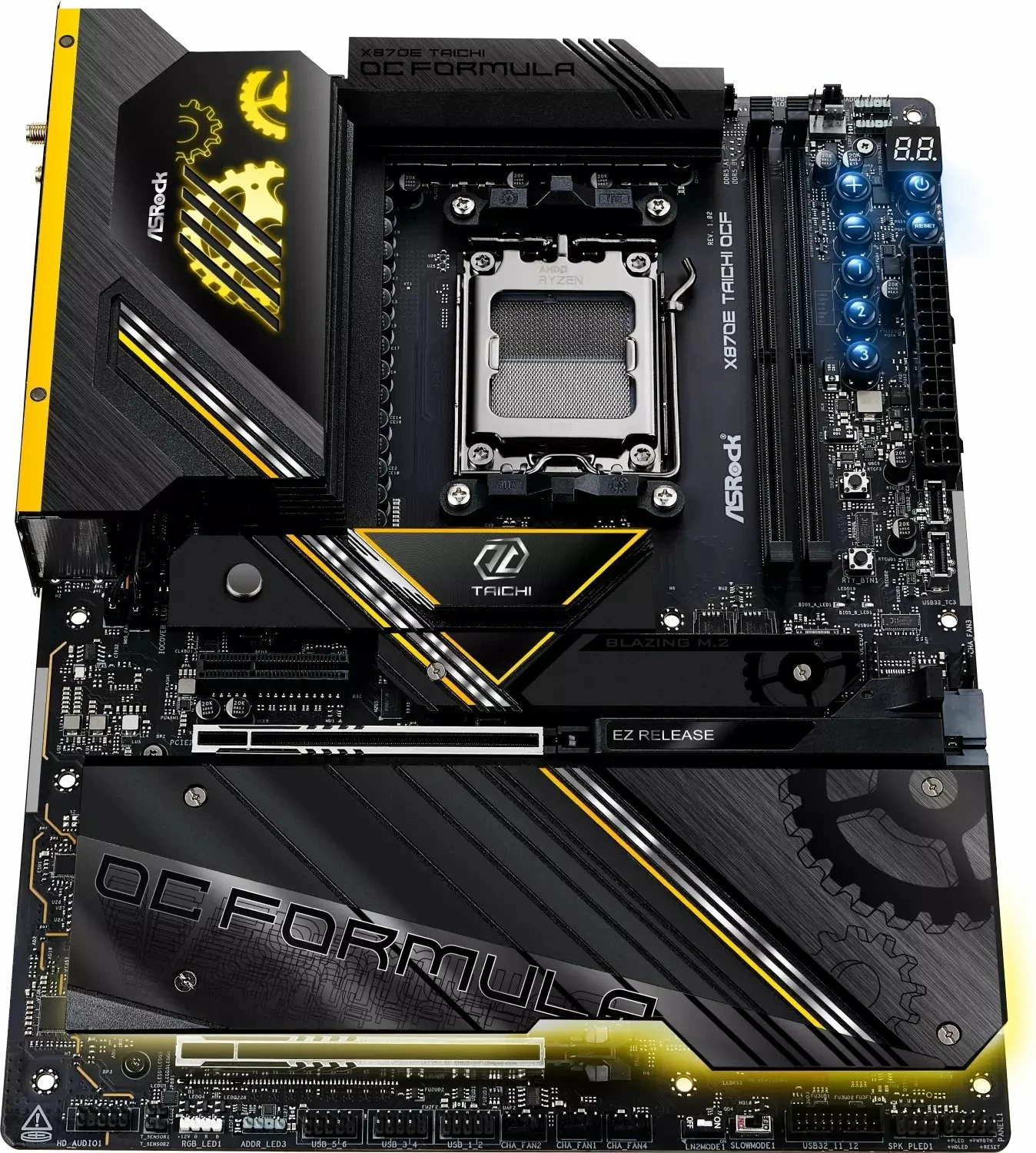 Pllakë amë ASRock X870E Taichi OCF, AM5, ATX, DDR5 128GB, Wi‑Fi 7, e zezë me detaje ari