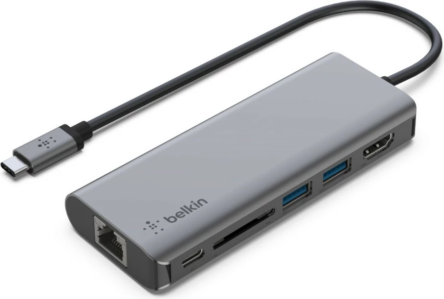 Adapter multiport Belkin AVC008BTSGY, USB-C, 100W, HDMI, RJ-45, SD, 2x USB-A, 1x USB-C, zi/gri