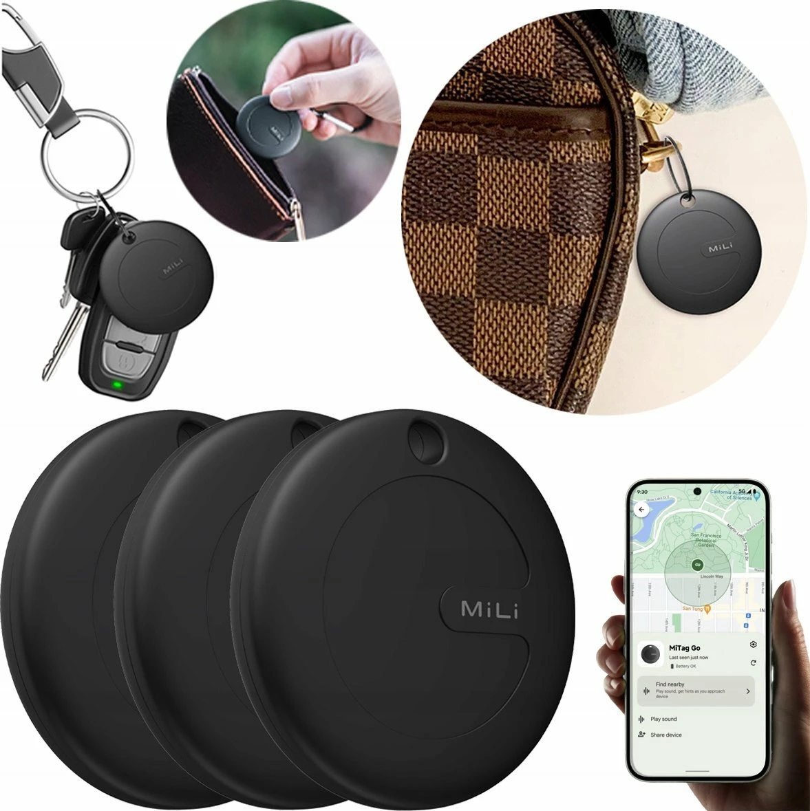 GPS lokator MiLi MiTag MiLi, IPX67, kompatibil me Google "Find My Device", set 3 copë, i zi