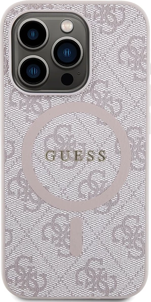 Mbështjellës Guess 4G Collection Leather Metal Logo MagSafe për iPhone 14 Pro Max, Rozë