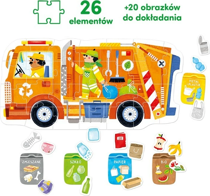 Puzzle edukativ CzuCzu Moto Garbage Truck, 26 pjesë, për fëmijë, portokalli
