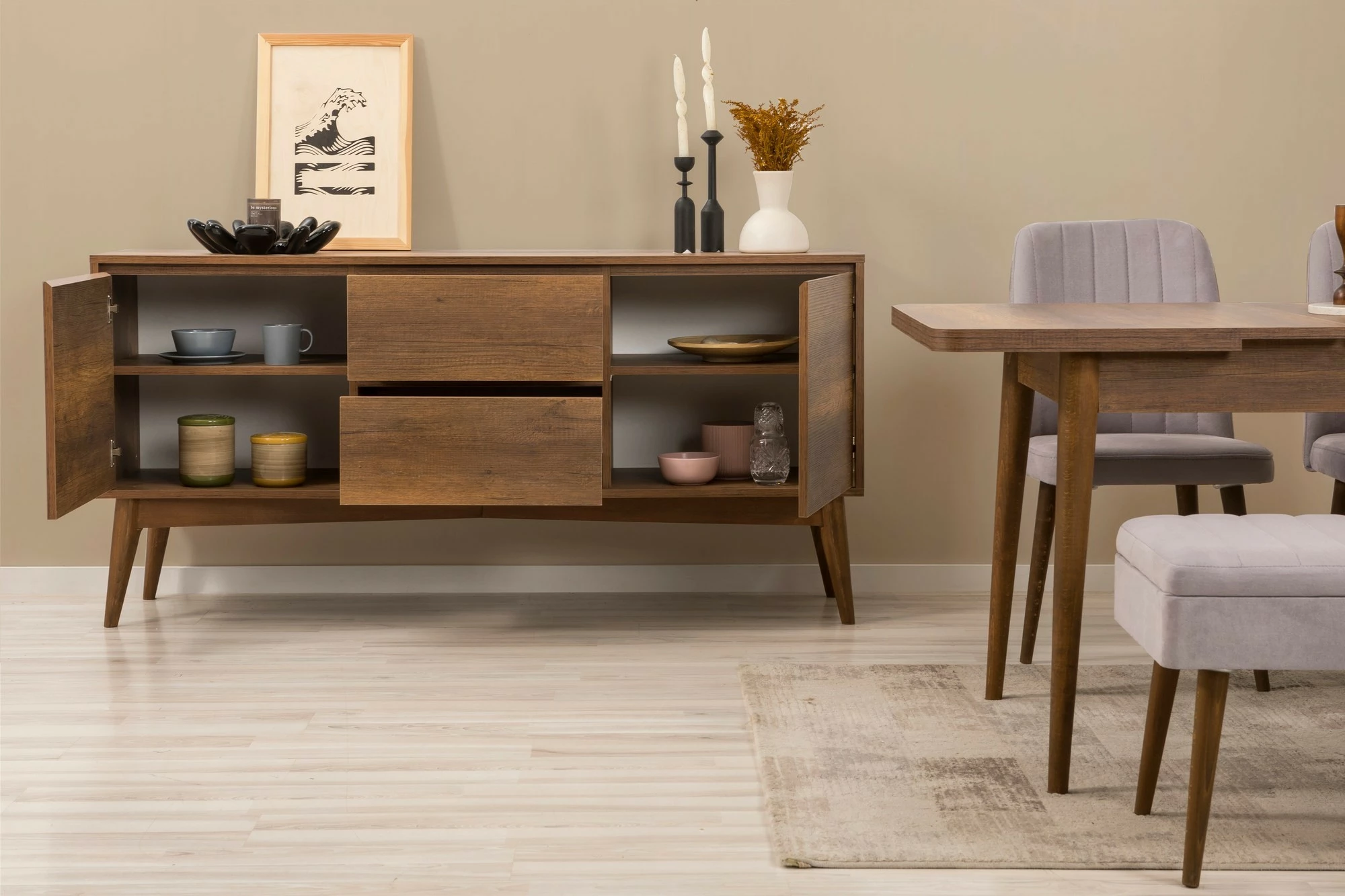 Set tavolinë me karrige dhe konsol, zgjatues, 7 pjesë, Skye Decor, Vina 03 0701, ngjyrë arre, gri