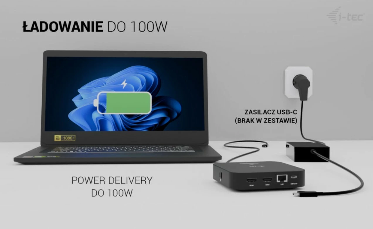 Kasë i-tec C31DUALHDMIDPD100 me 2x HDMI, USB-C Dock, 100W, e zezë