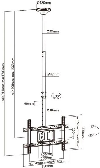 Mbajtëse universale për monitor LED LCD me ekran OLED QLED për montim në tavan 23-100" max. 50 kg Max VESA 600x400