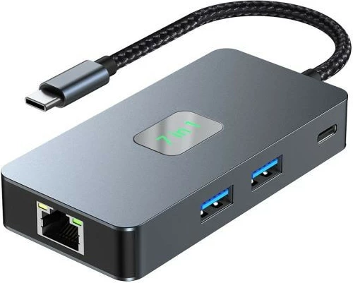 Adapter HUB USB C TB 7-në-1, HDMI, USB, SD/TF, RJ45, 2500 Mbps, PD, Grafit
