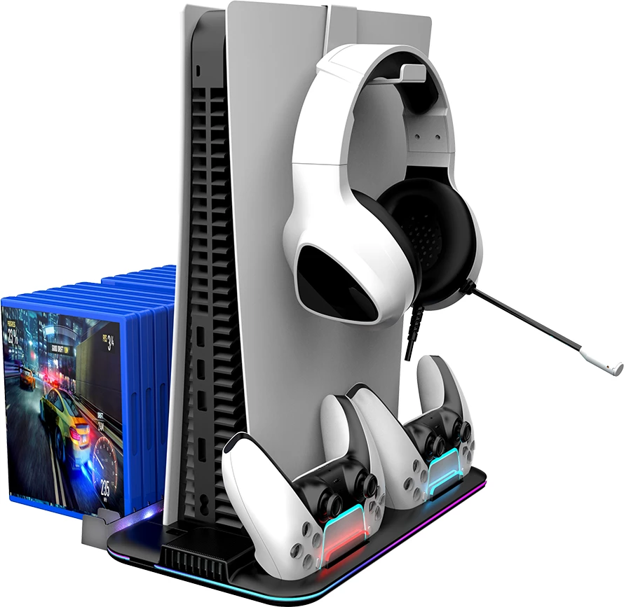 Stendë ftohëse/karikuese CANYON CS-51 RGB për PS5 Slim/Disc/Digital/PS5 Pro, karikim 2 kontrollorë, 5000 RPM, USB-C, e zezë, set me kabllo USB-C dhe mbajtëse kufjesh