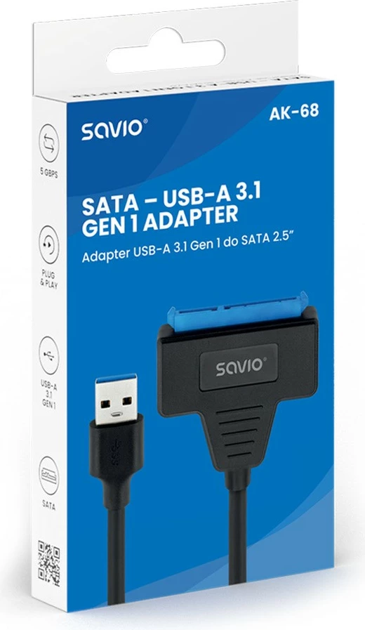 Adapter Savio AK-68, USB-A 3.1 Gen 1 në SATA për disqe 2.5 inç, i zi