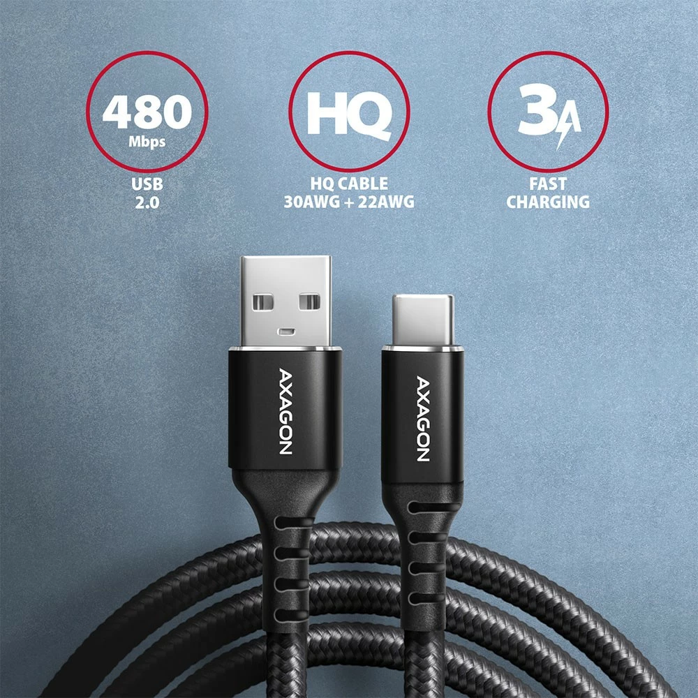 Kabllo AXAGON BUCM-AM20AB USB-C në USB-A, 2m, USB 2.0, 3A, e zezë