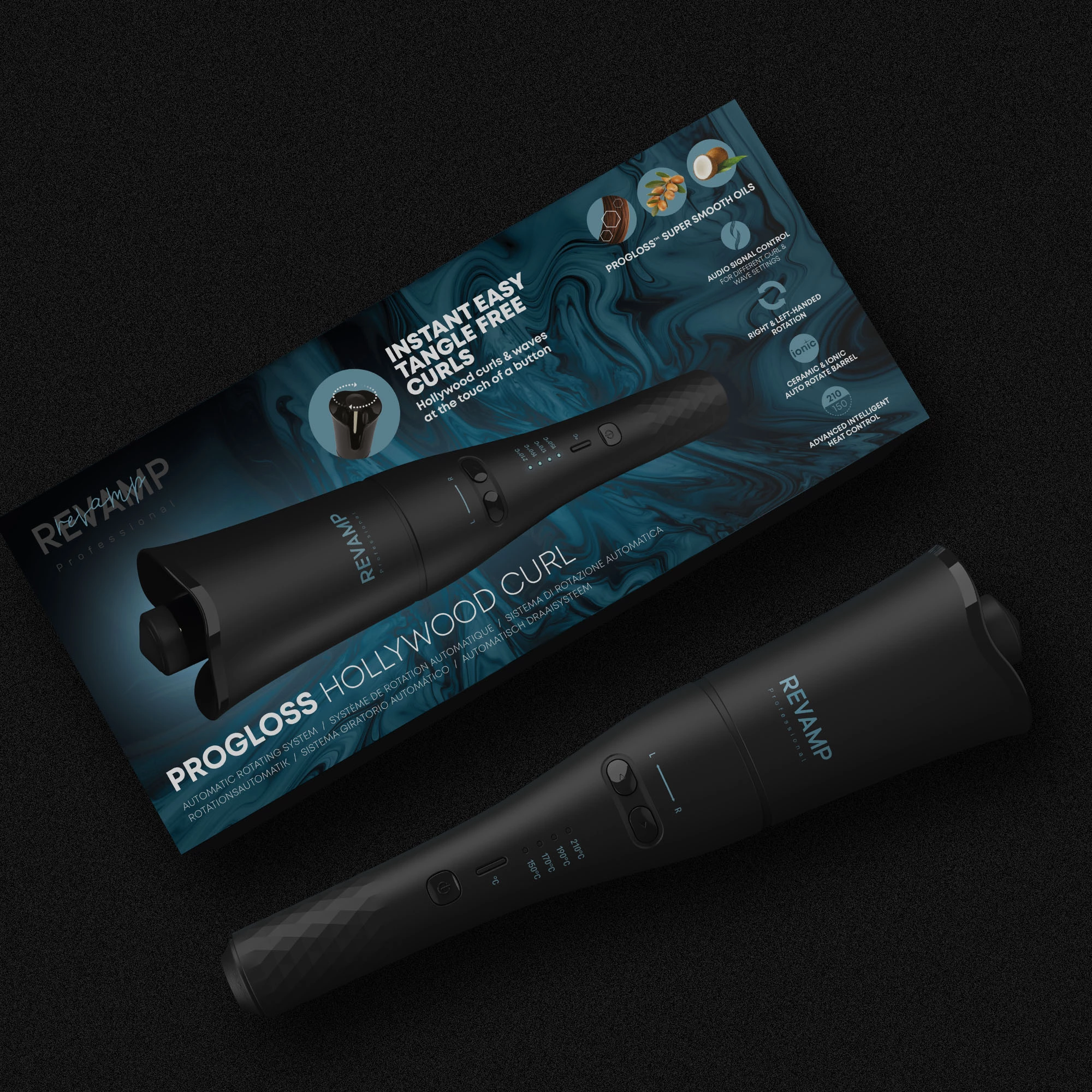 Makinë kaçurrela automatike Revamp Progloss Hollywood Curl CL-2000, 25mm, 150-210°C, me rrotullim majtas/djathtas, e zezë, me mbështetëse silikoni