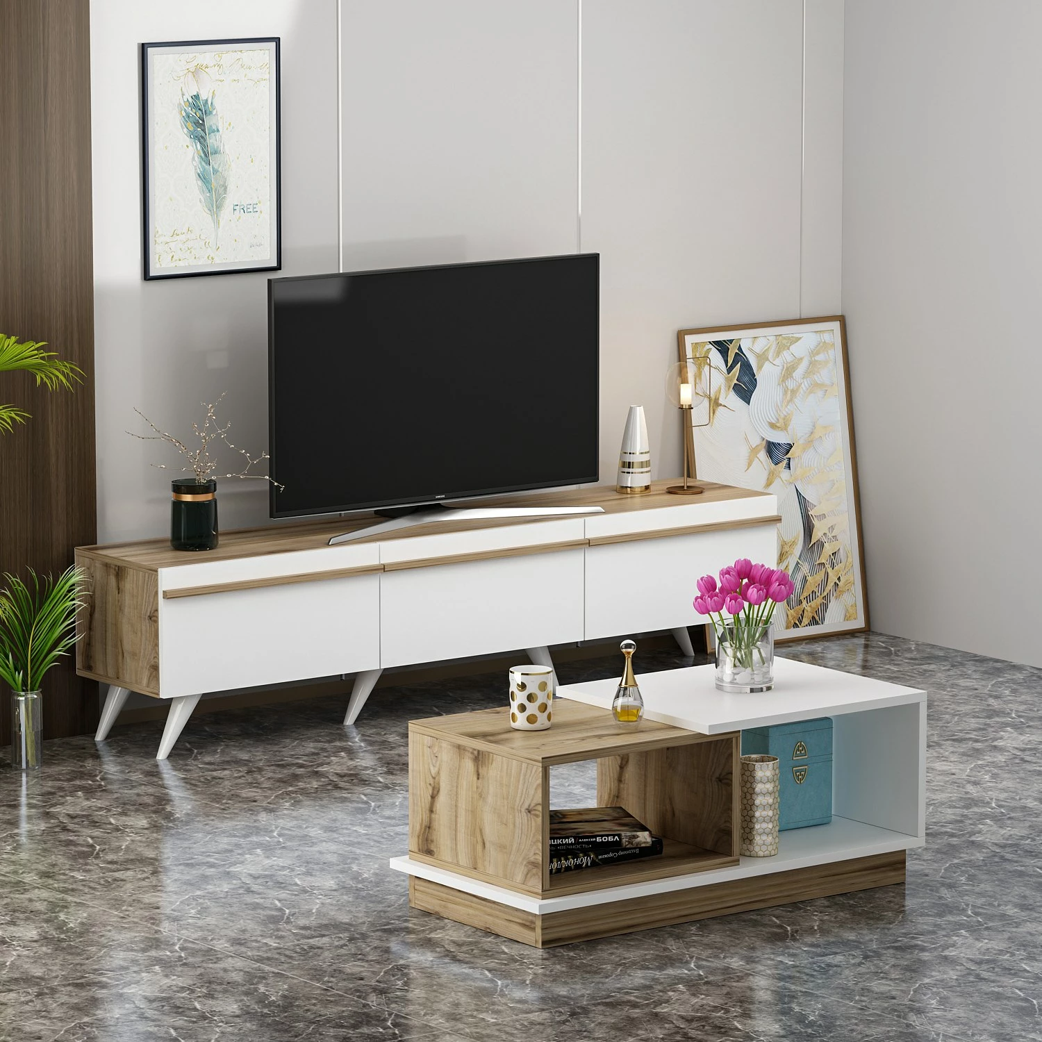 Set mobiljesh për dhomë dite Hanah Home, Valentina, e bardhë dhe safir