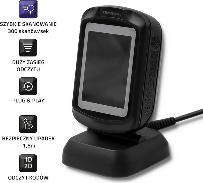 Skaner barkodi dhe QR Qoltec 50864, USB, i zi