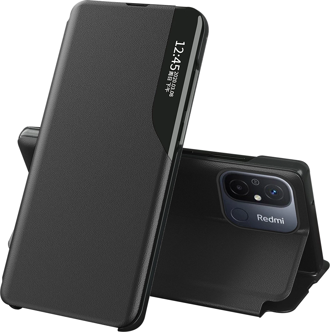 Mbështjellës Hurtel Eco Leather View Case për Xiaomi Redmi 11A / Poco C55 / Redmi 12C, me kapak dhe mbajtëse, e zezë