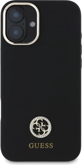 Mbështjellës Guess Silicone Logo Strass 4G për iPhone 16, i zi
