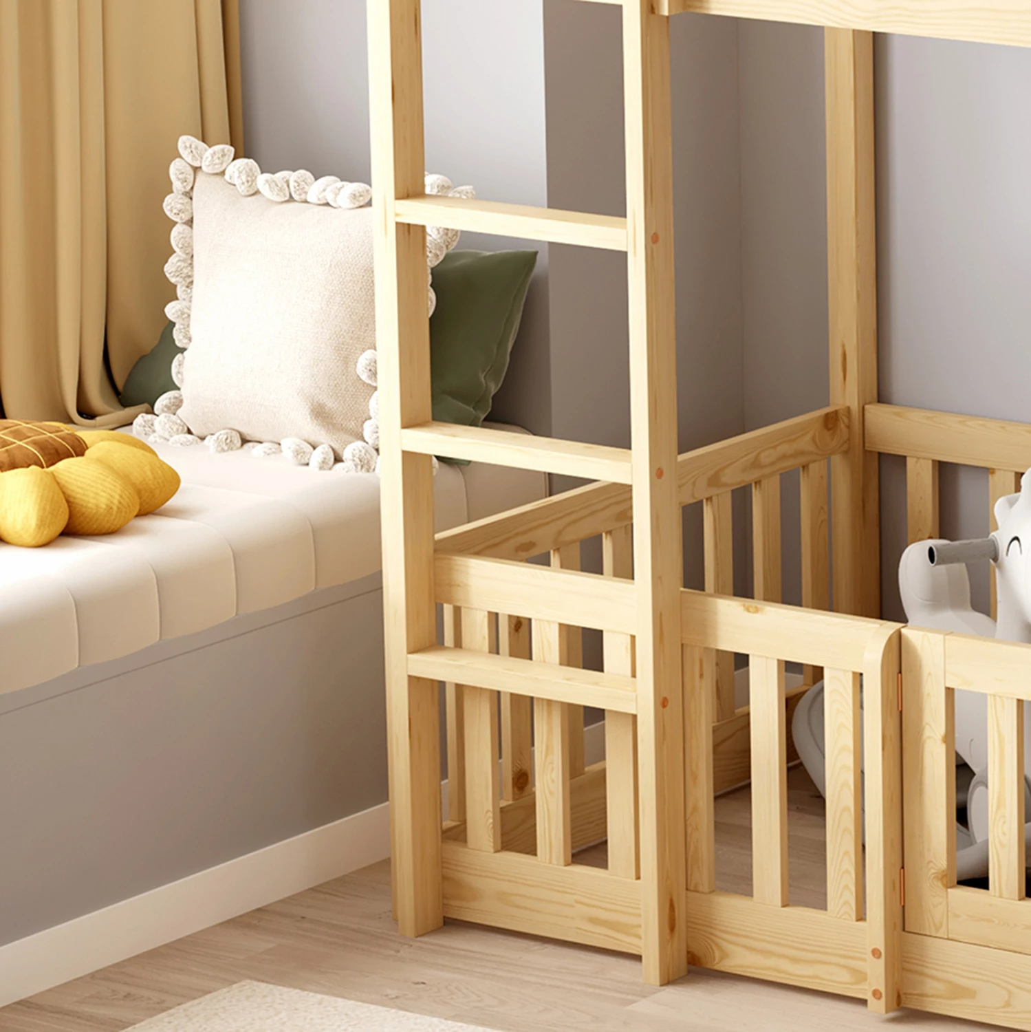 Krevat marinari për fëmijë Montessori PLAYKID me park lojërash, dru pishe natyral, FH703.01, 190x90cm