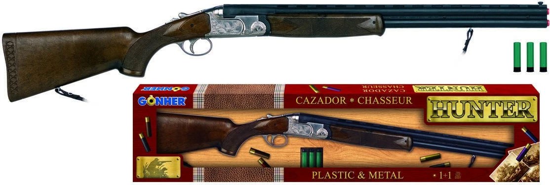 Pushkë lodër Pulio Gonher Double Barrel, plastikë/metal, 84 cm, për djem, e zezë/argjendtë/druri