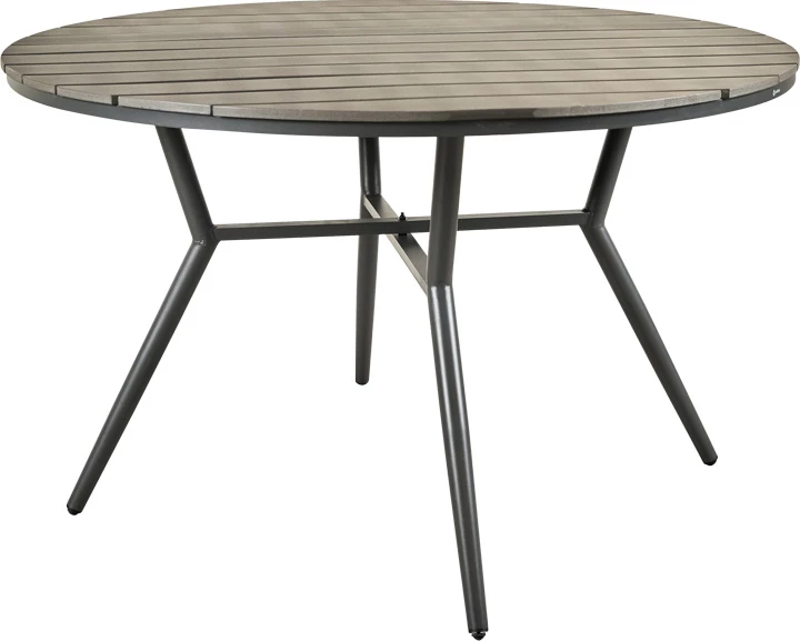 Tavolinë me karrige për terasë Appa-Moly, alumin dhe dru kompensat, ngjyrë antracit, set prej 5 pjesësh, Φ120x74cm