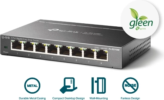 Switch TP-LINK TL-SG108E 8-port Gigabit Easy Smart, i zi, set me adapter rryme
