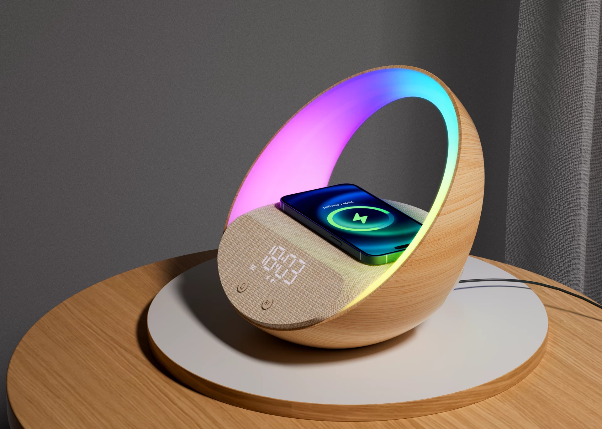 Llambë nate Moye Aurora Glow, orë me alarm, altoparlant Bluetooth 2x5W, karikim pa kabllo Qi deri 15W, bateri 2400mAh, finish imitim druri