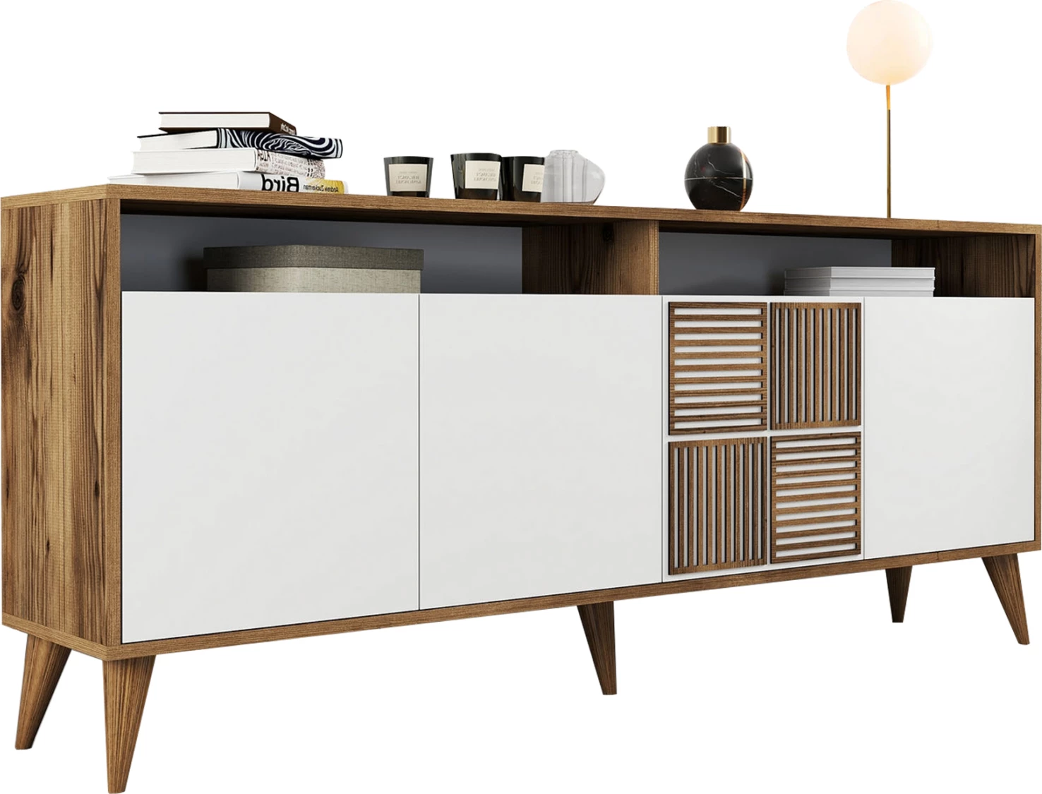 Bufe melamine në ngjyrë arre me dyer të bardha 180x35x78.6Hcm.FH9431.02