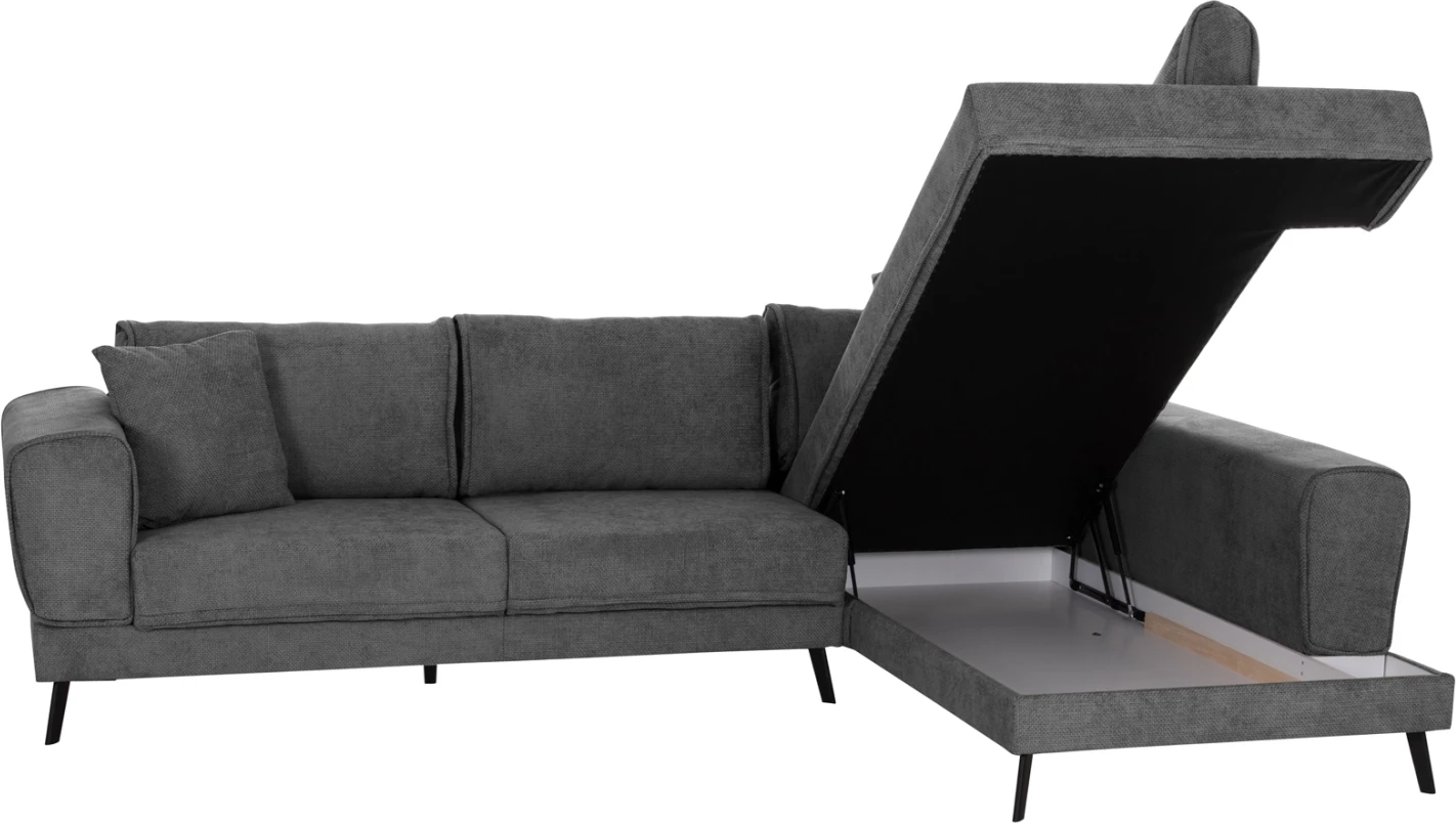 Këndare me shtrat, Zenora, kënd i djathtë, material stof ngjyrë gri e errët, FH3337.01R, 303x214x80cm