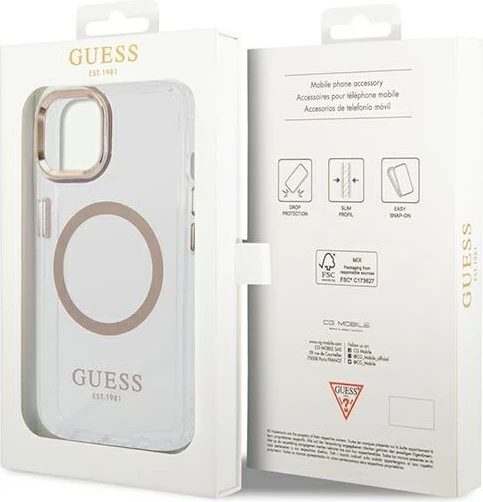 Mbështjellës Guess GUHMP14MHTRMD për iPhone 14 Plus 6.7", Metal Outline Magsafe, Transparent/Ar