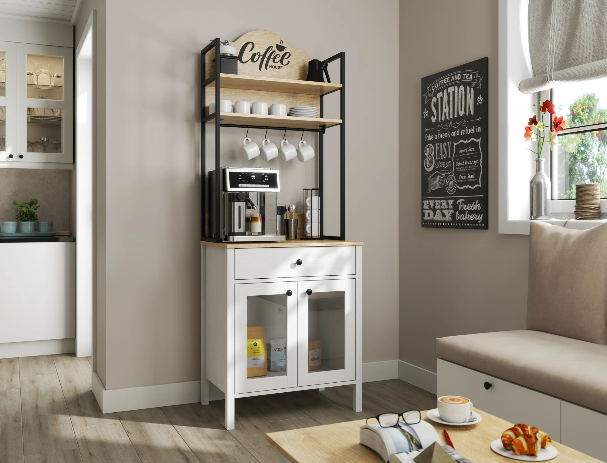 Dollap për kafe, ngjyrë druri dhe e bardhë, Hanah Home, FRN-20076