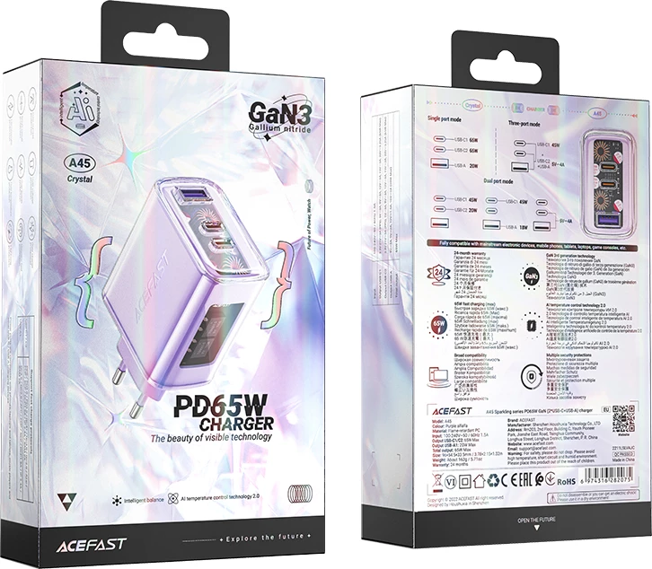 Karikues muri Acefast A45, 65W, 3 porta (2xUSB-C, 1xUSB), GaN, vjollcë