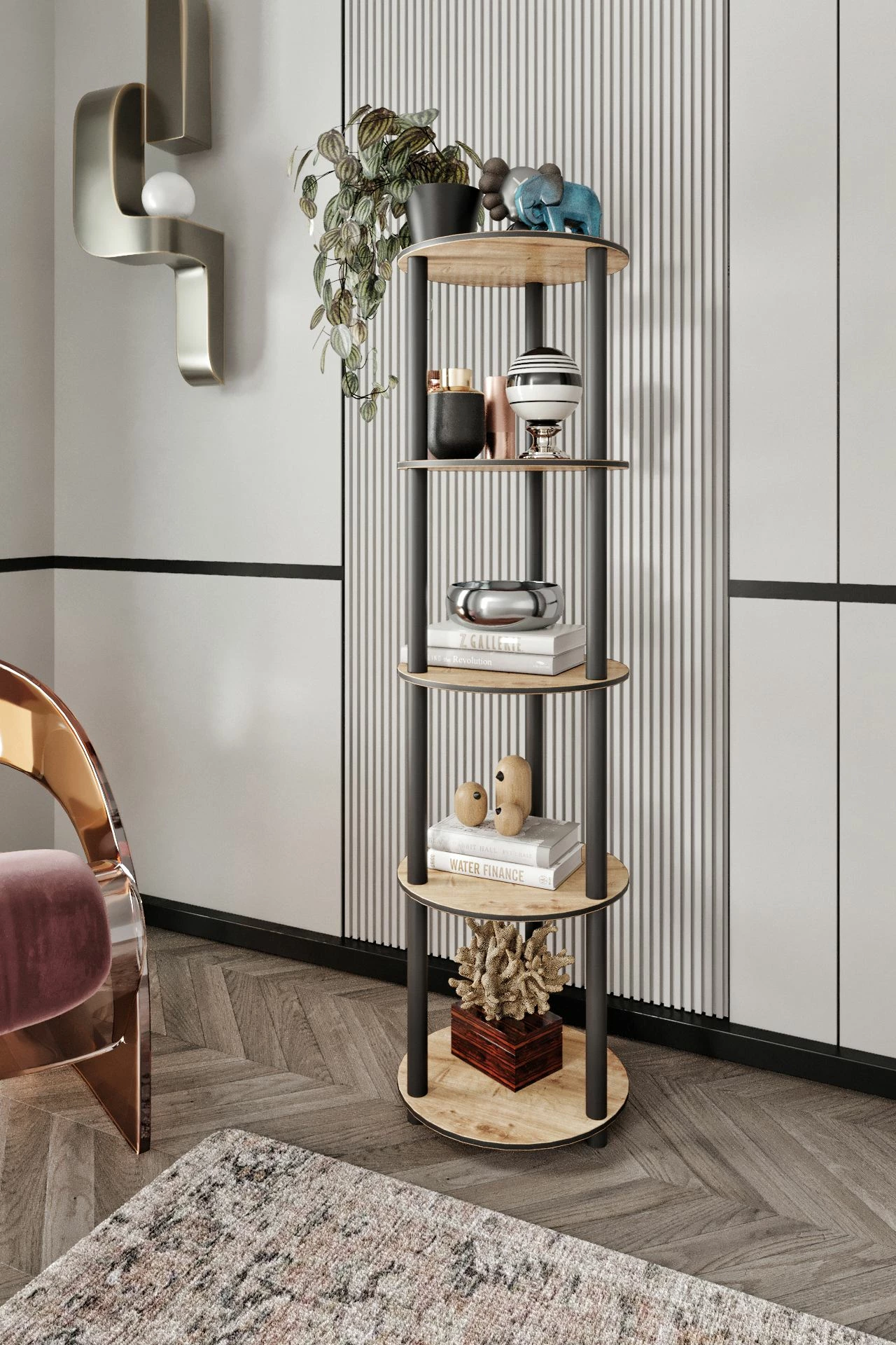 Raft librash Skye Decor, 5 kate, i rrumbullakët, ngjyrë lisi