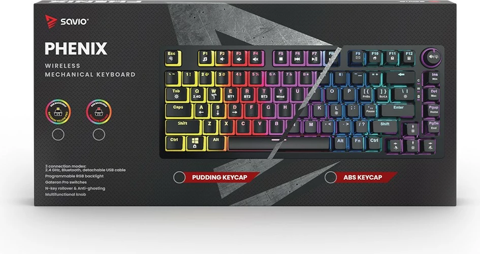 Tastierë mekanike wireless Savio Phenix, Gateron Yellow Pro, 82 taste, RGB, e zezë
