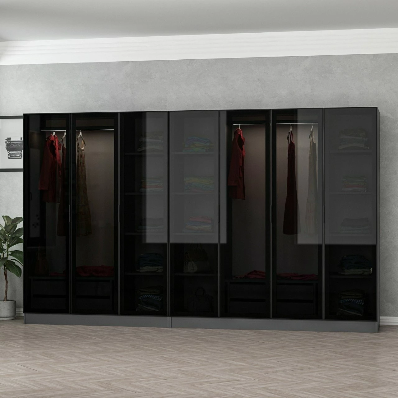 Dollap garderobe Skye Decor, anthracite e zi, 315x190x52cm, 10 pjesë