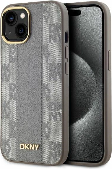Mbështjellës DKNY Leather Checkered Mono Pattern MagSafe për iPhone 15, Bezhe