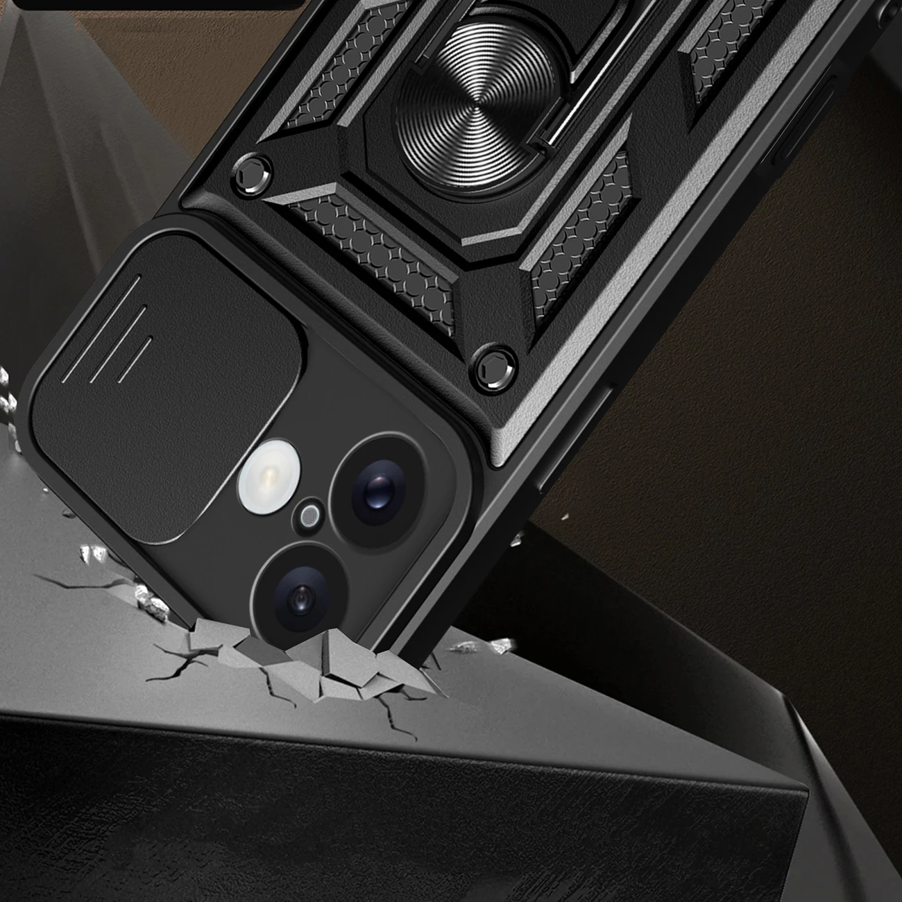 Mbështjellës Hurtel Hybrid Armor Camshield për iPhone 16, me mbulesë kamere dhe qëndrim, i zi