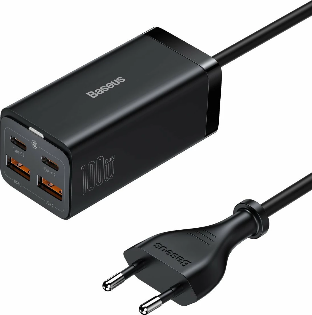 Karikues rrjeti Baseus GaN3 Pro CCGP000101 100W 2x USB-A + 2x USB-C me kabllo 1.5 m, i zi