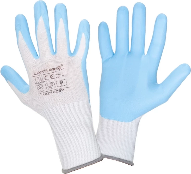 Doreza pune nitrile LAHTI PRO L221609K, madhësia 9, CE, EN 420/EN 388, bardhë/kaltër