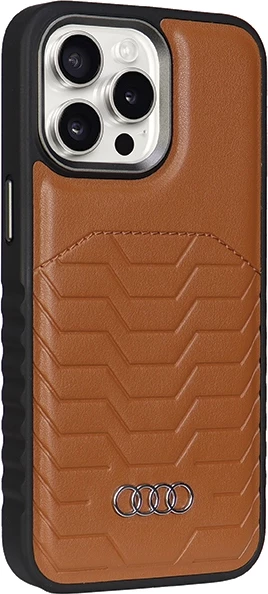 Mbështjellës Audi për iPhone 14 Pro Max, lëkurë sintetike, MagSafe, kafe